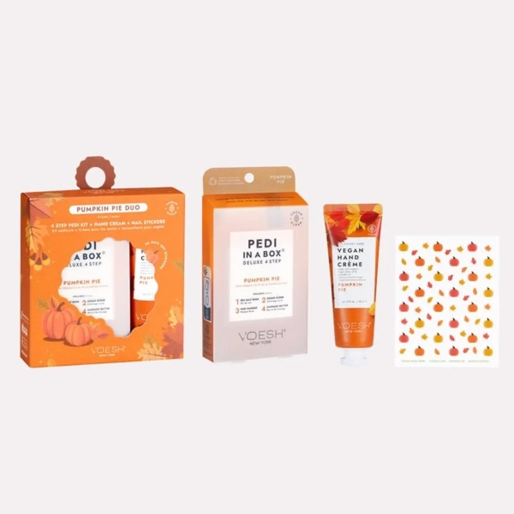 VOESH LIMITED EDITION PUMPKIN PIE DUO 4 Step Pedi Kit +Hand Cream+ Nail Stickers